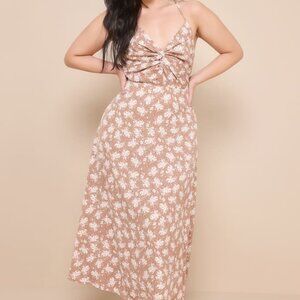 Lulu's Picturesque Moments Brown Floral Print Strappy Maxi Dress, Size Small